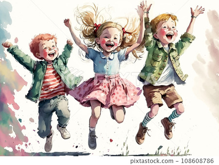 Three happy kids playing outdors, funny children jumping in puddles, spring season, digital watercolor art Three happy kids playing outdors, funny children jumping in puddles, spring season, digital watercolor art 108608786