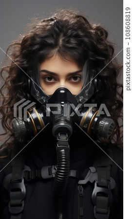 Futuristic Woman wearing a respirator outdoors. Portrait of a young beautiful woman in a full face respirator mask. Cyberpunk style girl in a respirator mask walking in the street during a pandemic. 108608819