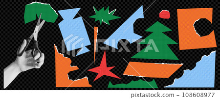 A pack of Christmas-themed paper cut-out elements. Hand in halftone effect with scissors. New Year handmade. Trendy vector illustration on transparent background as png. A pack of Christmas-themed paper cut-out elements. Hand in halftone effect with scissors. New Year handmade. Trendy vector illustration on transparent background as png. 108608977