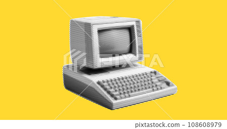 Old retro computer with keyboard and monitor for writer. Collage element in halftone effect. Pop art illustration on bright yellow background. Vector png. 108608979