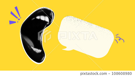Speech Bubbles with collage-cut lips from a magazine. Retro elements for the design. Scream of a woman. Vector objects on transparent background as png. Speech Bubbles with collage-cut lips from a magazine. Retro elements for the design. Scream of a woman. Vector objects on transparent background as png. 108608980