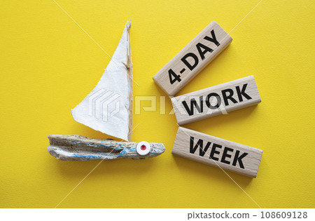 4-day work week symbol. Concept words 4-day work week on wooden blocks. Beautiful yellow background with boat. Business and 4-day work week concept. Copy space 108609128