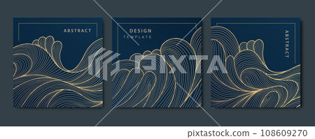 Vector set of luxury fancy golden patterns, linear style wavy cards. Art deco flow banners, wave post templates for social net, tags, covers Vector set of luxury fancy golden patterns, linear style wavy cards. Art deco flow banners, wave post templates for social net, tags, covers 108609270