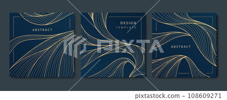 Vector set of luxury fancy golden patterns, linear style wavy cards. Art deco flow banners, wave post templates for social net, tags, covers Vector set of luxury fancy golden patterns, linear style wavy cards. Art deco flow banners, wave post templates for social net, tags, covers 108609271