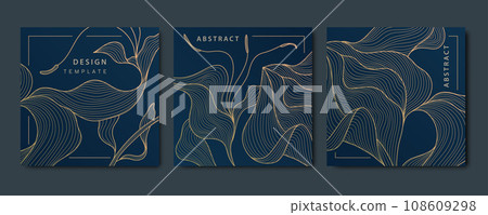 Vector set of abstract luxury golden square cards, post templates for wedding invitation, art deco leaves botanical wallpaper background. Pattern, texture for print, fabric, packaging design Vector set of abstract luxury golden square cards, post templates for wedding invitation, art deco leaves botanical wallpaper background. Pattern, texture for print, fabric, packaging design 108609298