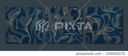 Vector set of abstract luxury golden square cards, post templates for wedding invitation, art deco leaves botanical wallpaper background. Pattern, texture for print, fabric, packaging design 108609370