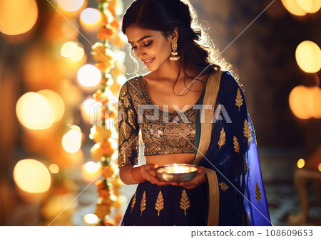 Gorgeous Indian woman in beautiful blue sari with an oil lamp in hands on Diwali celebration Gorgeous Indian woman in beautiful blue sari with an oil lamp in hands on Diwali celebration 108609653