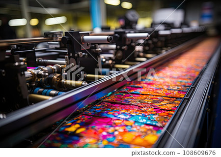 an industrial printing machine with many colors on the conveyormn in a factory, close - up to showrooms an industrial printing machine with many colors on the conveyormn in a factory, close - up to showrooms 108609676