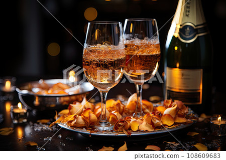 two glasses of wine and some chips on a table with lights in the background, as well for an event two glasses of wine and some chips on a table with lights in the background, as well for an event 108609683