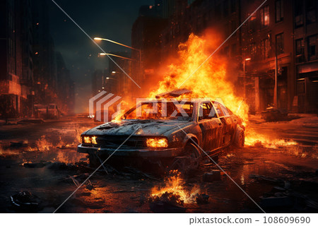 AI-generated content. Burning vintage car nightshot, Close up photo with copy space. 108609690