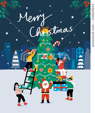 Family decorate a Christmas tree 108609843