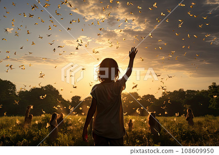 a girl in the field with butterflies flying around her and looking up into the sky at the sun setting behind 108609950