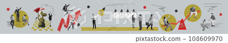 Business processes. Employees working on projects, finishing tasks, generating ideas and growing successful career. Contemporary art collage. Business processes. Employees working on projects, finishing tasks, generating ideas and growing successful career. Contemporary art collage. 108609970