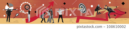 Group of employees working on project development, checking analytics, working on targets. Contemporary art collage. 108610002
