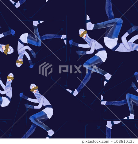 Watercolor seamless patern with skiers. Winter textile. Sport costume. Wrapping paper for ski resort souvenirs. Dark background 108610123