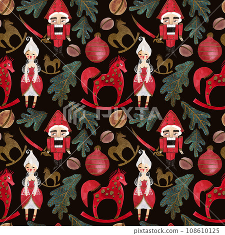 Nutcracker and nuts. Seamless watercolor pattern for New Year and Christmas wrapping paper. Vintage style gifts for children under the Christmas tree. Nutcracker and nuts. Seamless watercolor pattern for New Year and Christmas wrapping paper. Vintage style gifts for children under the Christmas tree. 108610125