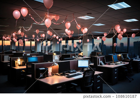 an office with balloons hanging from the ceiling and computer desks on either sides, all in black and white 108610187