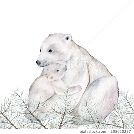 seamless border with white polar bear and trees with snow. Watercolor hand drawing illustration on isolate white background. seamless border with white polar bear and trees with snow. Watercolor hand drawing illustration on isolate white background. 108610227