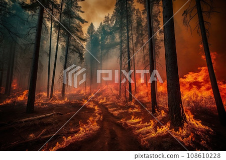 fire burning through trees in the middle of a forest, with smoke coming from the ground and dark skies overhead fire burning through trees in the middle of a forest, with smoke coming from the ground and dark skies overhead 108610228