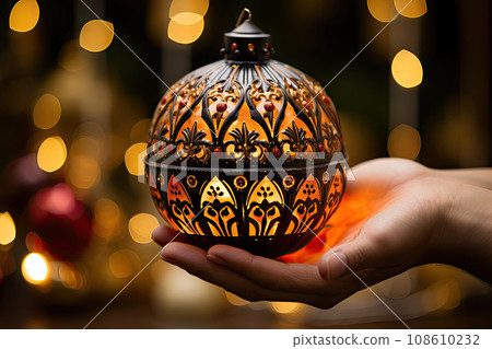someone's hand holding an ornamec with lights in the background and blurs around it to show how they are moving 108610232