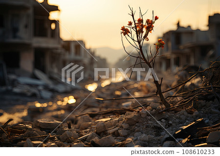 a flower in the middle of a rubble - strewn area with buildings in the background and sun shining through the sky a flower in the middle of a rubble - strewn area with buildings in the background and sun shining through the sky 108610233