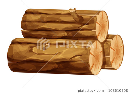 Stack Tree log, wood, forest trunk pile in cartoon style isolated on white background. Piece or section. Detailed and textured ibject. 108610508