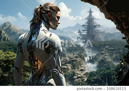 a woman standing in front of a mountain with the sky and clouds behind her, looking out at an alien city 108610513
