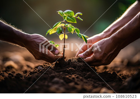 two hands holding a young plant that is growing out of the soil, and it's being held by another hand two hands holding a young plant that is growing out of the soil, and it's being held by another hand 108610523