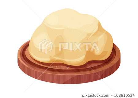 Dough on wooden cutted board with flour in cartoon style. Sourdough ball, fermentation, bread prepare. 108610524