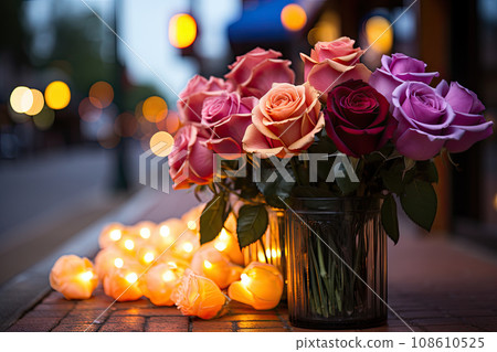 flowers in a vase on a table with candles and lights all around the place where there is no one flower flowers in a vase on a table with candles and lights all around the place where there is no one flower 108610525