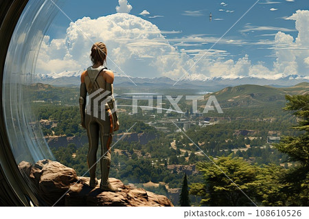 a person standing on top of a mountain looking out over a valley with mountains and lakes in the distance behind a person standing on top of a mountain looking out over a valley with mountains and lakes in the distance behind 108610526