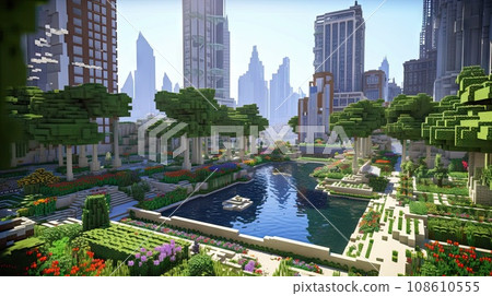 a city with lots of plants and flowers in the foreground area, surrounded by tall skyscrapers on either side 108610555