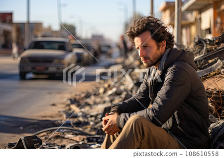 a man sitting on the ground in front of a pile of junks and other items that have been left behind him 108610558