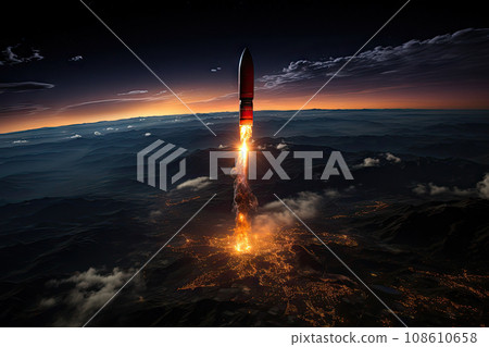 a rocket taking off into the night sky, with clouds and stars in the fore - image is taken from above 108610658