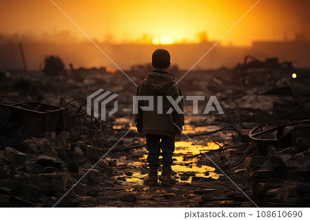 a person standing in the middle of a pile of junks, looking out to the sun setting behind them 108610690