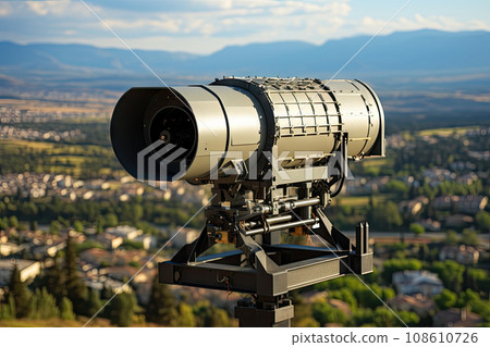 a telescope on top of a tripod with mountains in the distance and blue sky above it, as seen from an overlook point a telescope on top of a tripod with mountains in the distance and blue sky above it, as seen from an overlook point 108610726
