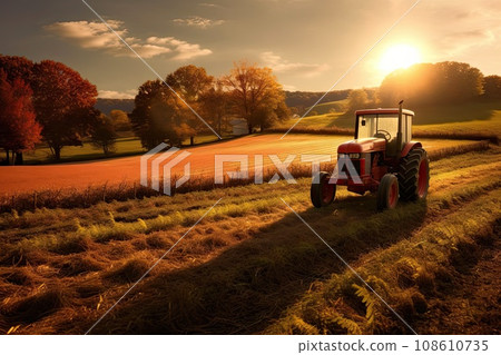a red tractor in a field with the sun shining through the clouds and trees behind it, on a sunny autumn day 108610735