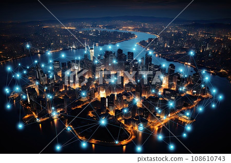 the city at night, with connected lines and dots overlaiding it to show how cities are connected together the city at night, with connected lines and dots overlaiding it to show how cities are connected together 108610743