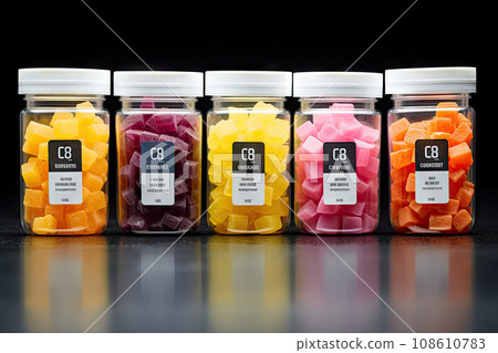 CBG Gummies. three jars with different colored candis in them, one is orange, the other is pink and yellow as well 108610783
