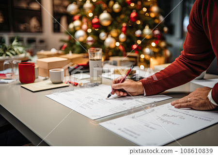 someone writing something on a piece of paper next to a christmas tree in the photo is blured by the background someone writing something on a piece of paper next to a christmas tree in the photo is blured by the background 108610839