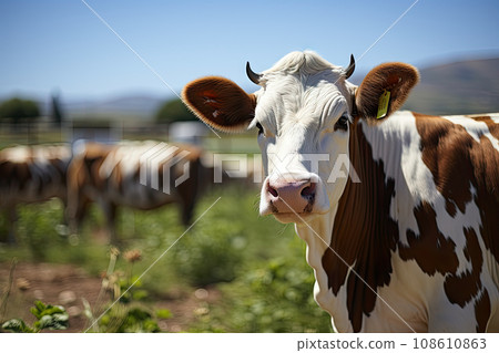 a brown and white cow looking at the camera with other cows in the background on a clear blue sky day 108610863