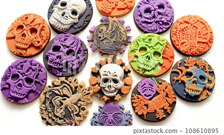 halloween cookies with skulls and bones on them, all decorated in different colors to look like they'reurre 108610895