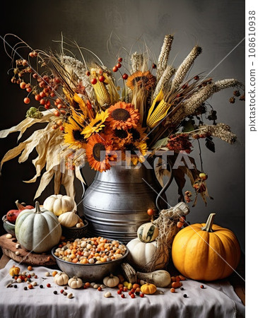 an autumn arrangement with pumpkins, corn, gourds and other fall flowers on a gray tablecloth is in the background an autumn arrangement with pumpkins, corn, gourds and other fall flowers on a gray tablecloth is in the background 108610938
