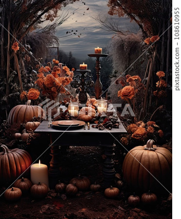 pumpkins and candles in the middle of a table surrounded by trees with leaves, branches and flowers on it 108610955