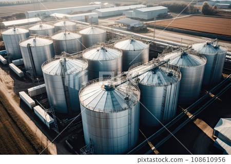 several large metal tanks in the middle of an industrial area, with farm buildings and fields in the background - stock image 108610956