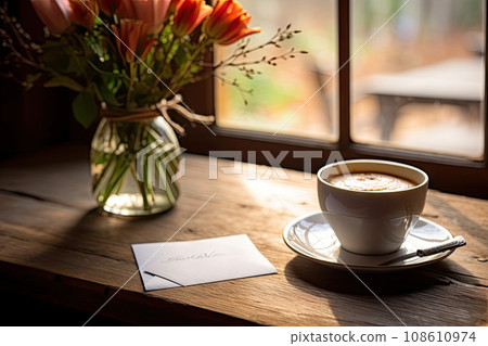 a cup and saucer on a wooden table next to a vase with orange flowers in the photo is blurry 108610974