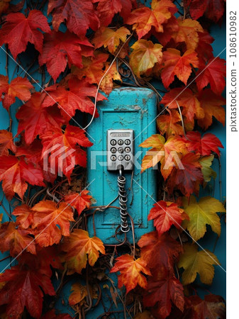 an old phone surrounded by autumn leaves on a blue wall with red, orange and yellow leaves in the background 108610982