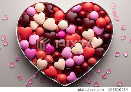 a heart shaped box filled with hearts on a gray surface, surrounded by scattered pink and red hearts for valentine's day a heart shaped box filled with hearts on a gray surface, surrounded by scattered pink and red hearts for valentine's day 108610984