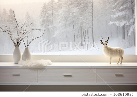 a white deer standing in front of a window with snow on the windowsills and trees outside behind it a white deer standing in front of a window with snow on the windowsills and trees outside behind it 108610985