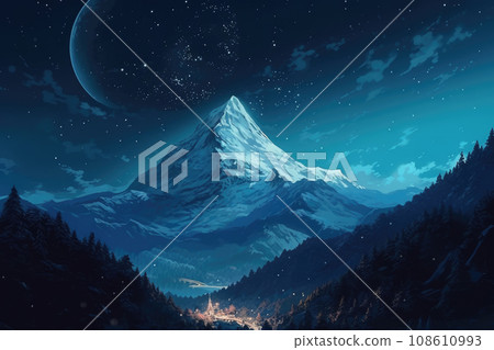 Snow-covered mountain with a high white peak on a starry night under the light of a huge moon. Colorful landscape with a view of a small village in the lowlands of the forest. 108610993